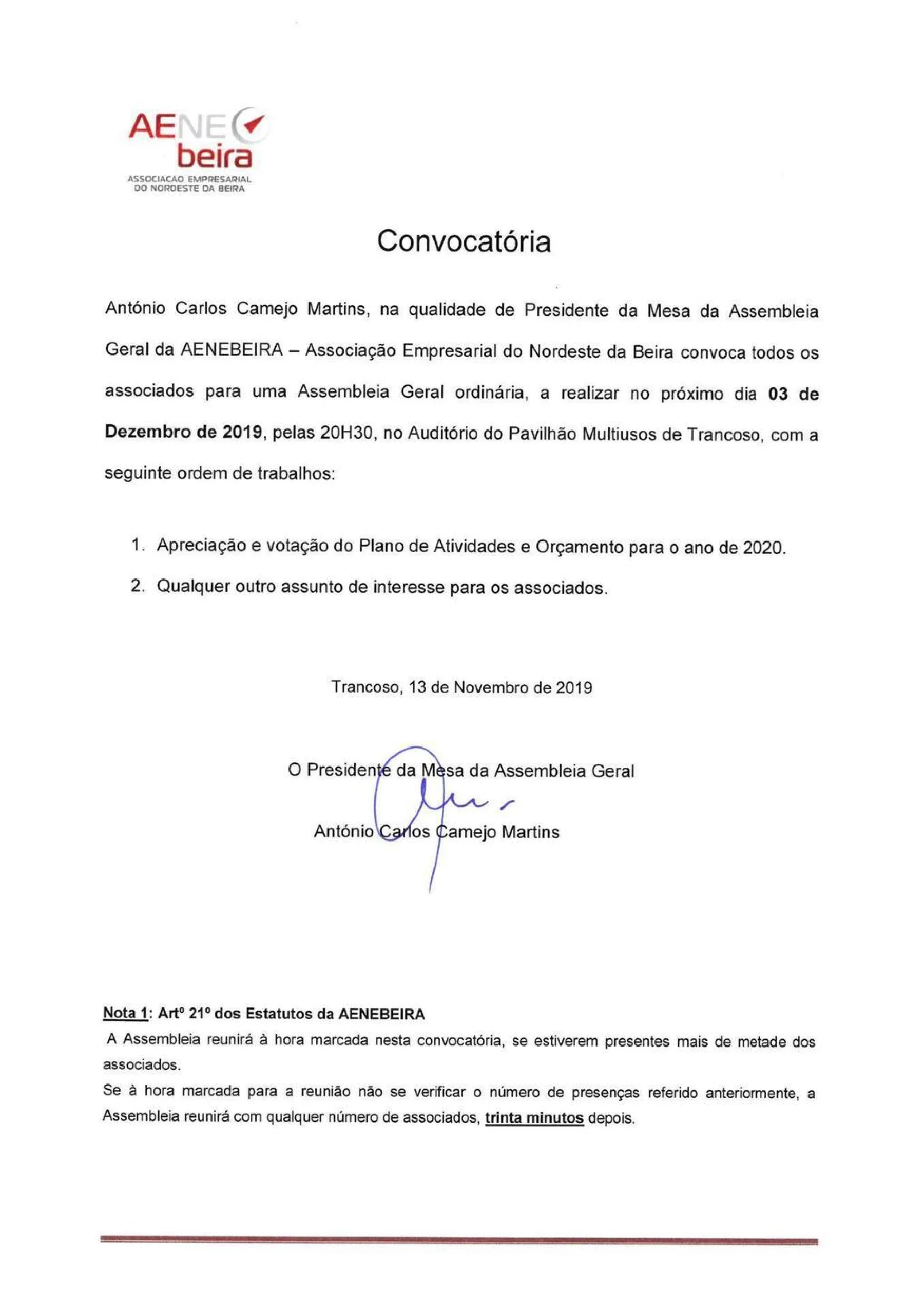 Convocatória - Assembleia Geral 03-12-2019