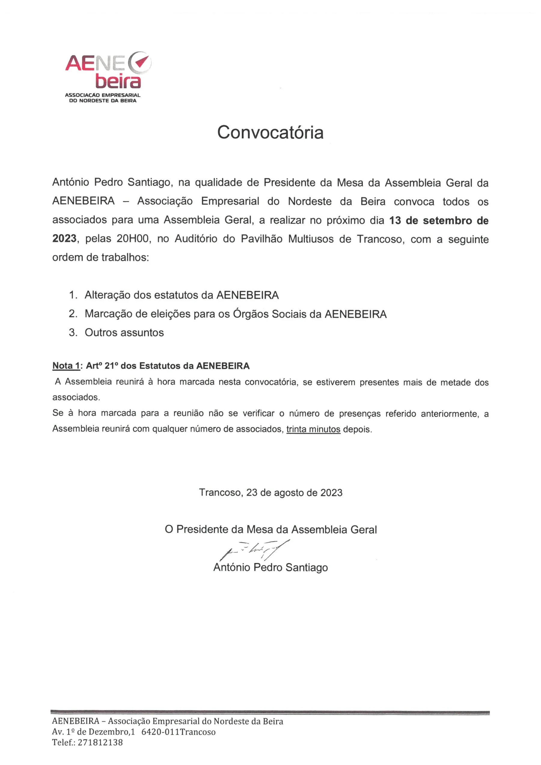 Convocatória - Assembleia Geral 13-09-2023