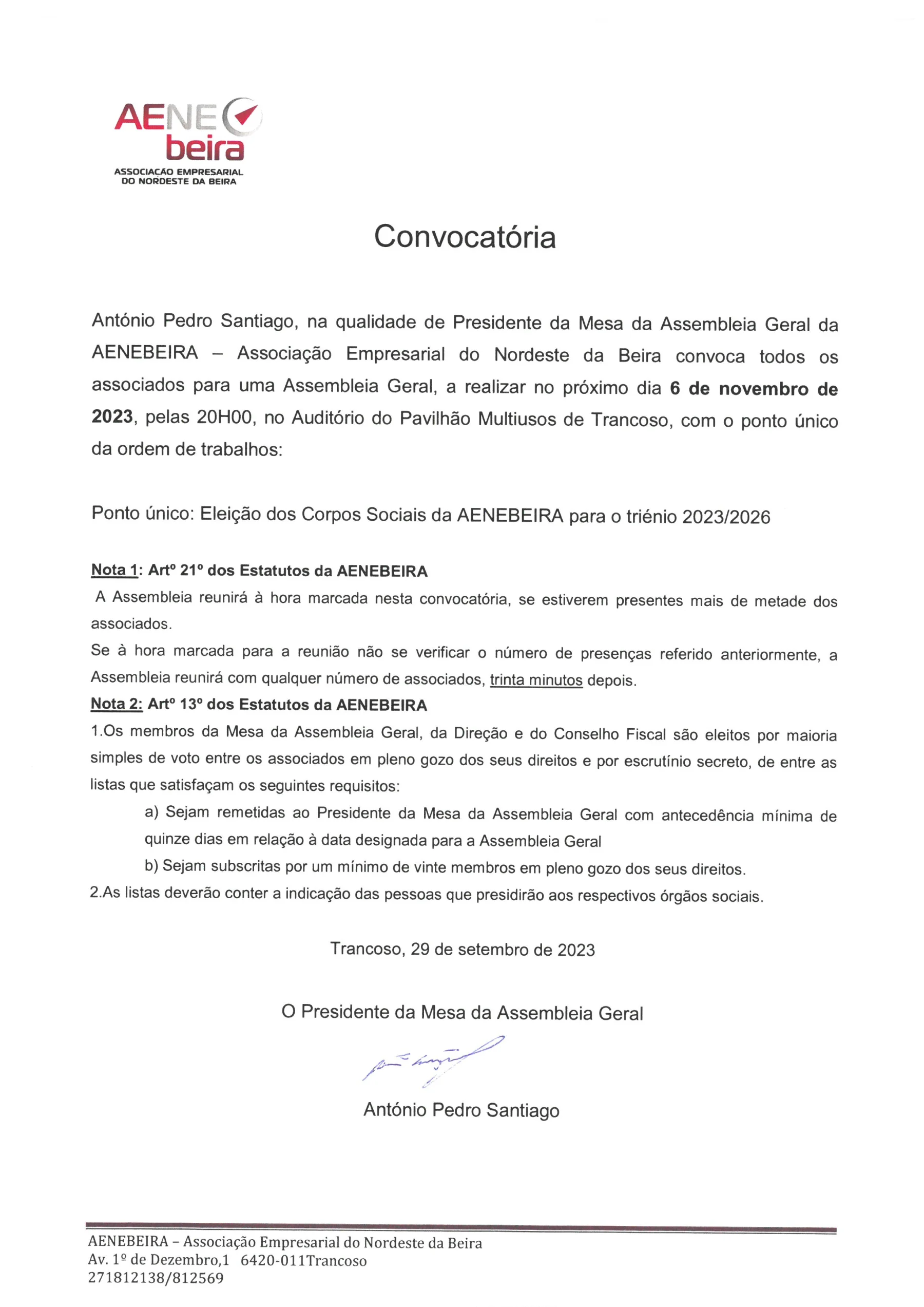 Convocatória - Assembleia Geral 06-11-2023