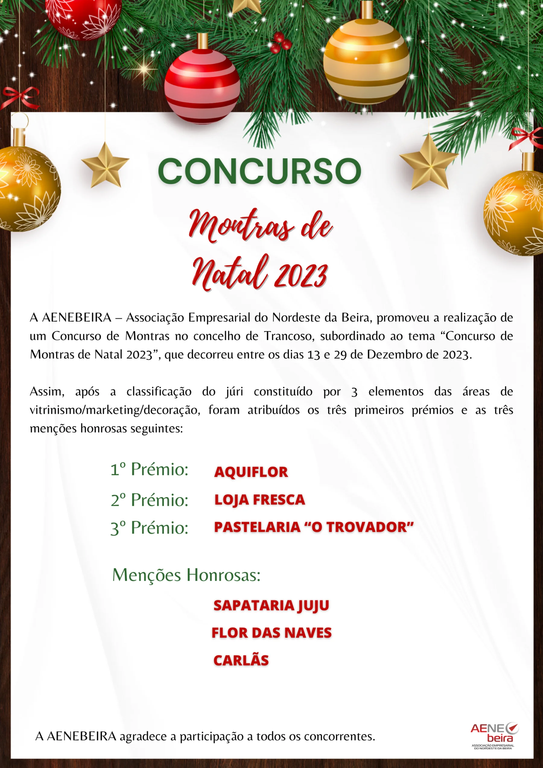 Divulgação dos premiados do concurso de Montras de Natal 2023