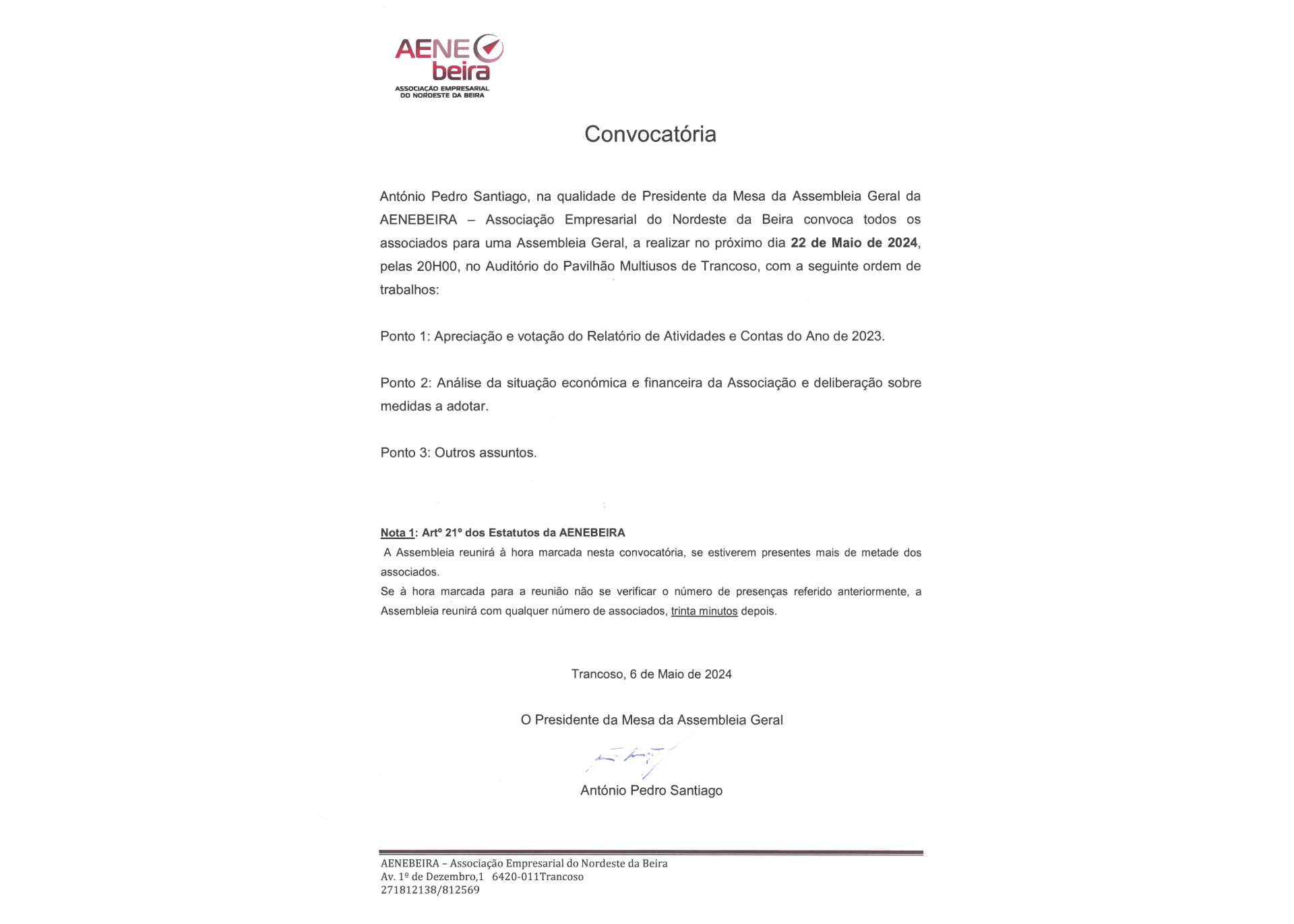 Convocatória - Assembleia Geral Ordinária 22-05-2024