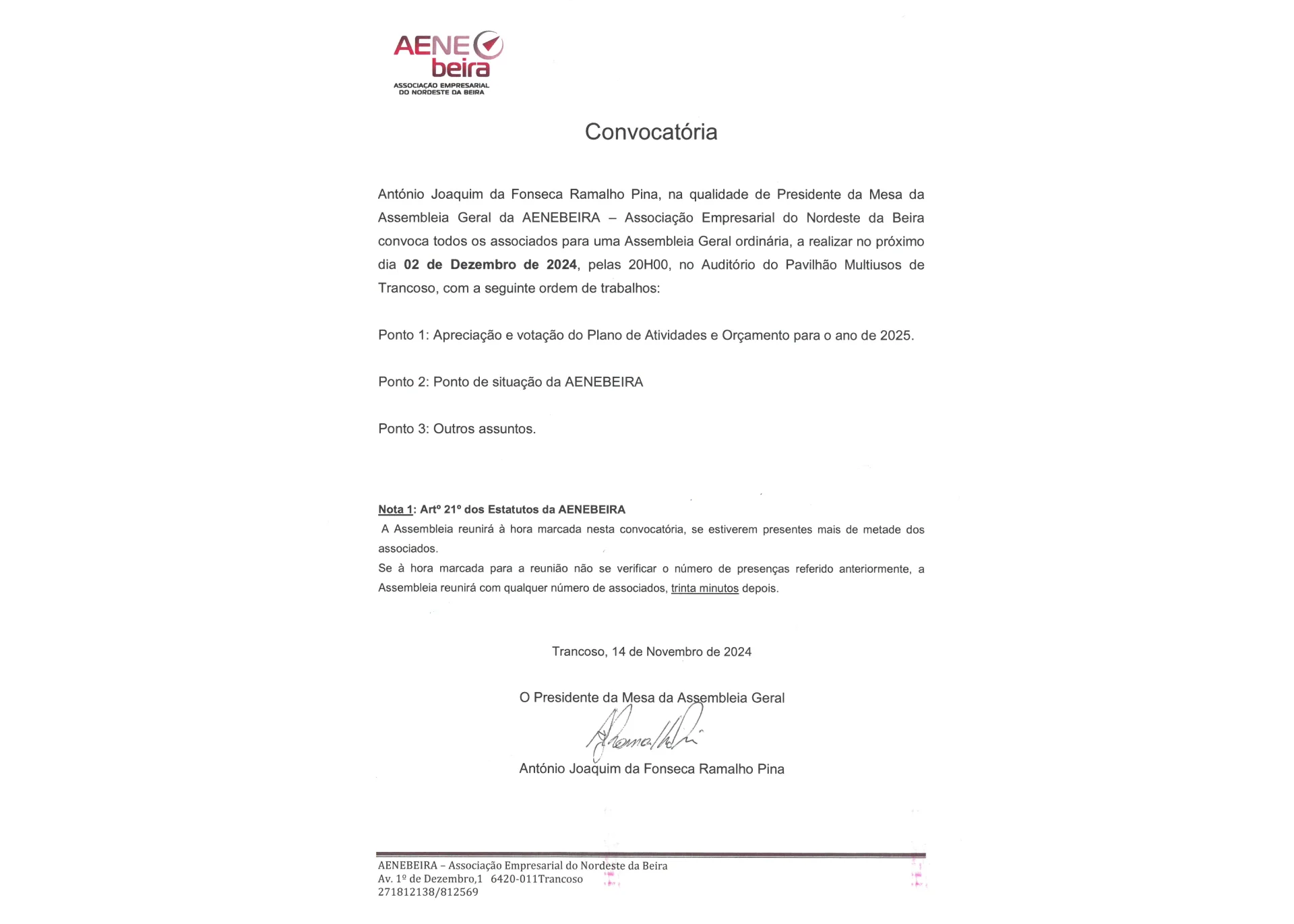 Convocatória - Assembleia Geral Ordinária 02-12-2024