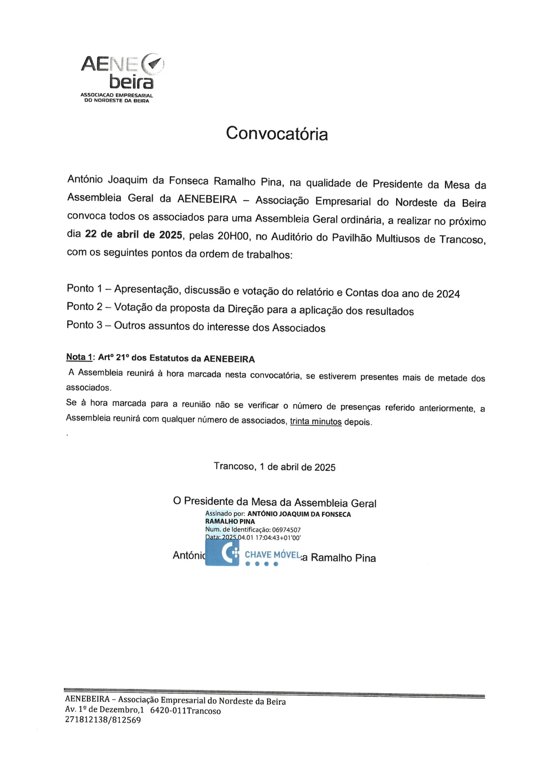Convocatória - Assembleia Geral Ordinária 22-04-2025