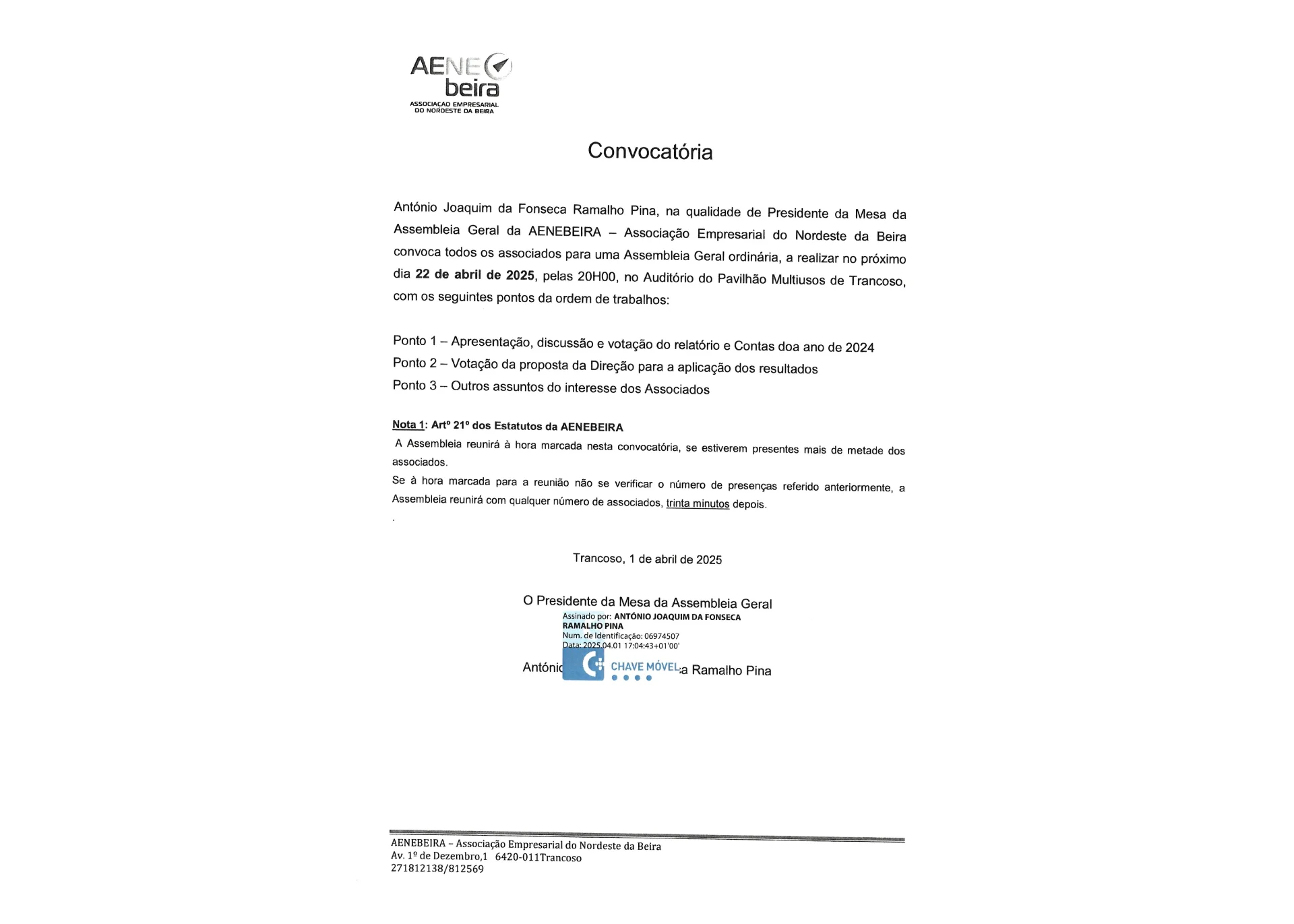 Convocatória - Assembleia Geral Ordinária 22-04-2025
