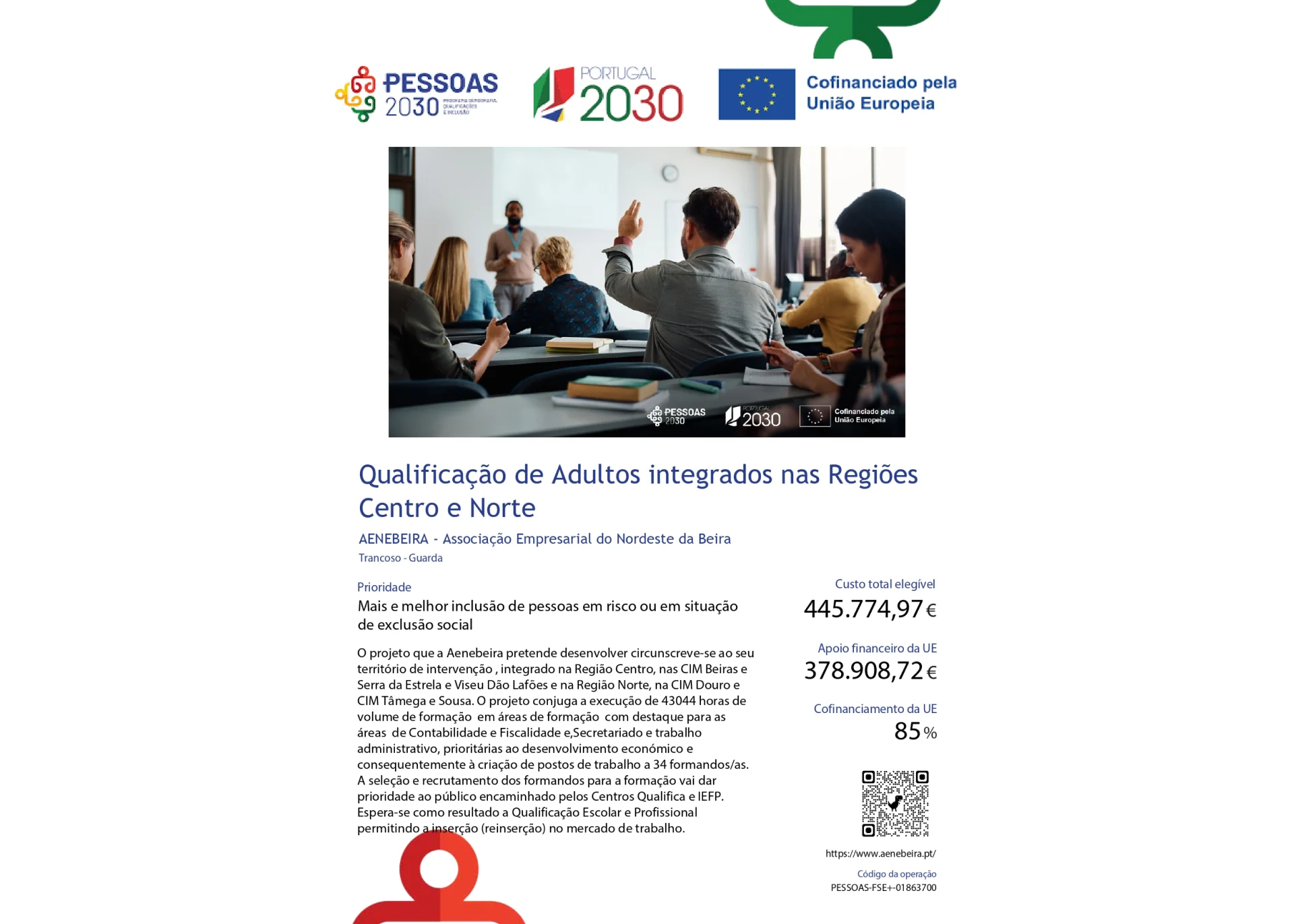 Ficha de Operação – Qualificação de Adultos integrados nas Regiões Centro e Norte
