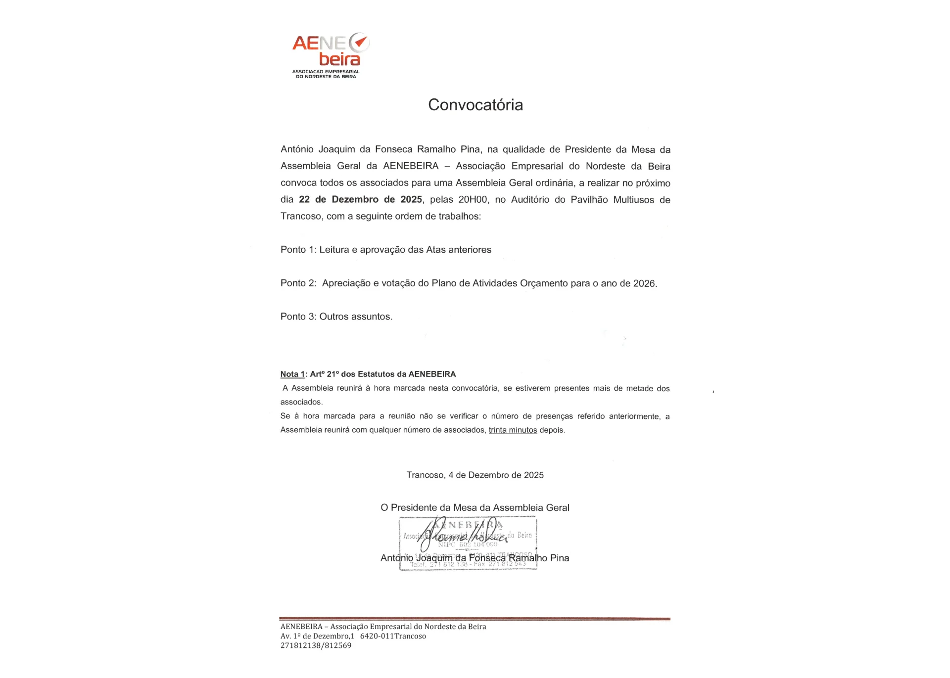CONVOCATÓRIA – Assembleia Geral Ordinária | AENEBEIRA | 22 de Dezembro 2025